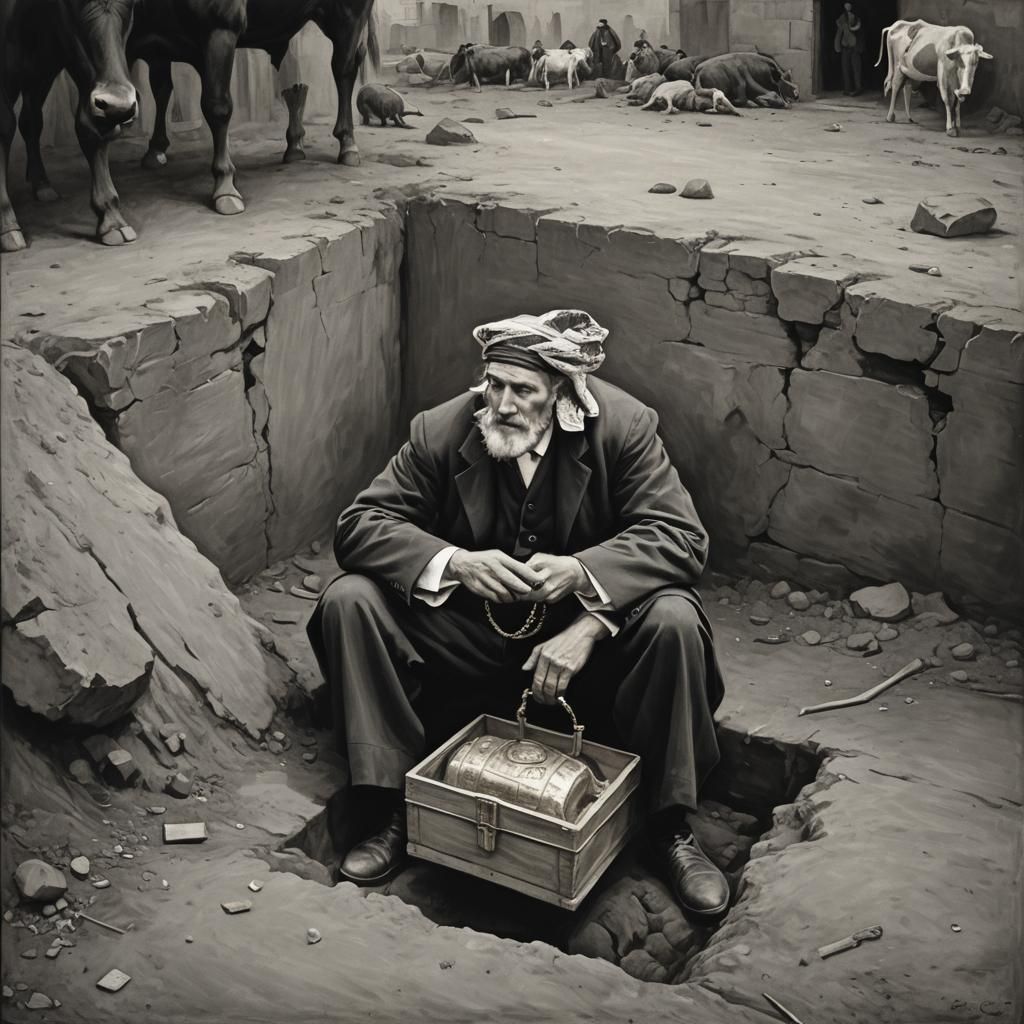 Orthodox Man and Cow with Golden Box: Grayscale Painting