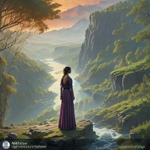 Ethereal River Scene with Woman in White Dress