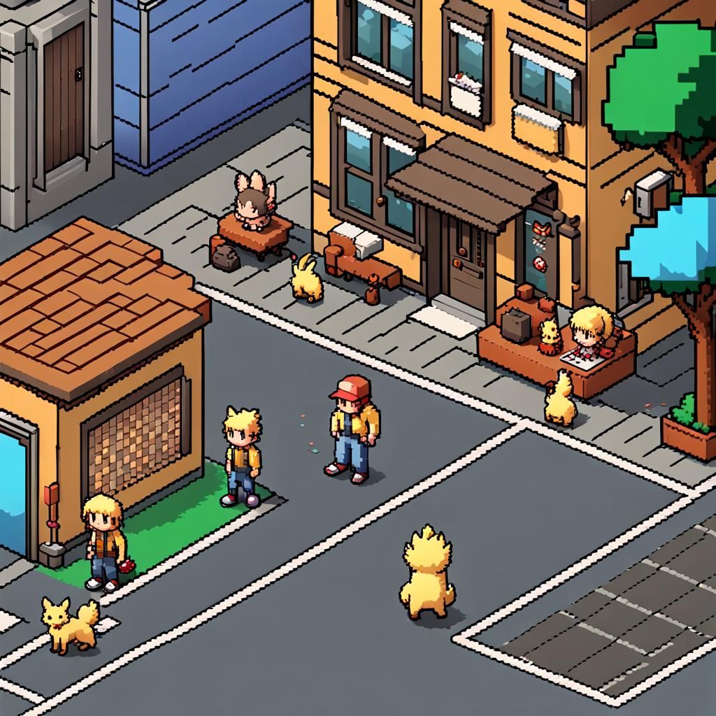 Pokemon-Style Pixel Art Town with Blonde Man