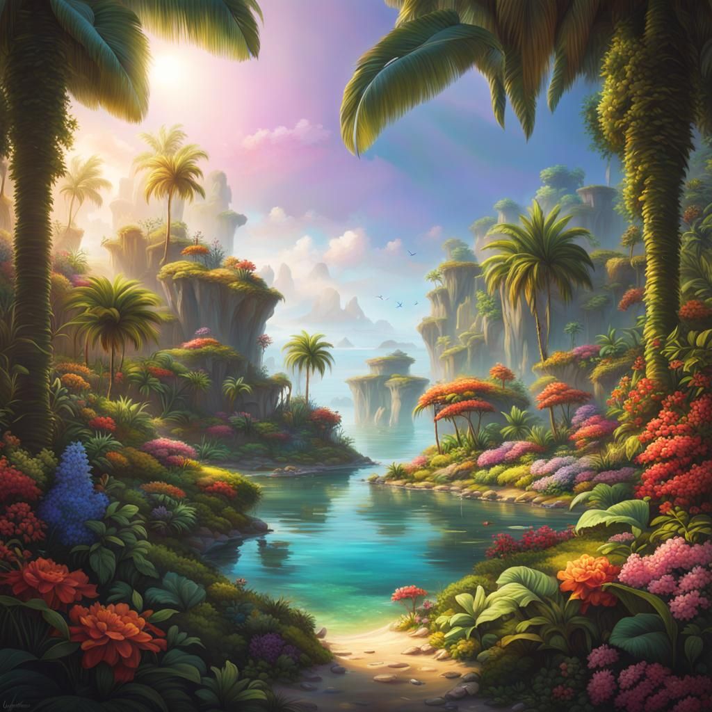 Lush Island Oasis: Maximalist Fantasy Landscape