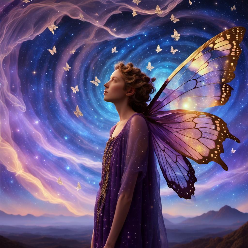 Butterfly Fairy in Cosmic Clouds Cinematic Film Still