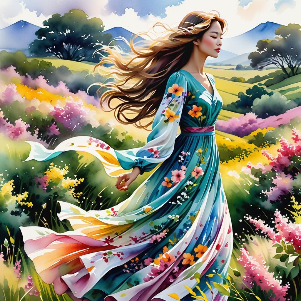 Ethereal Woman in Windy Field: Watercolor Illustration