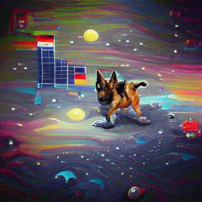 German Shepherd Walks in Space: Colorful Pixel Art