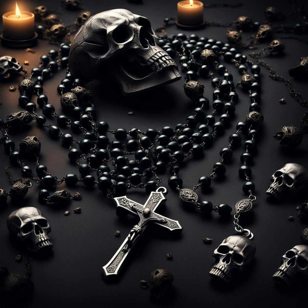 Ominous Raven Skull Rosary: Dark Digital Art