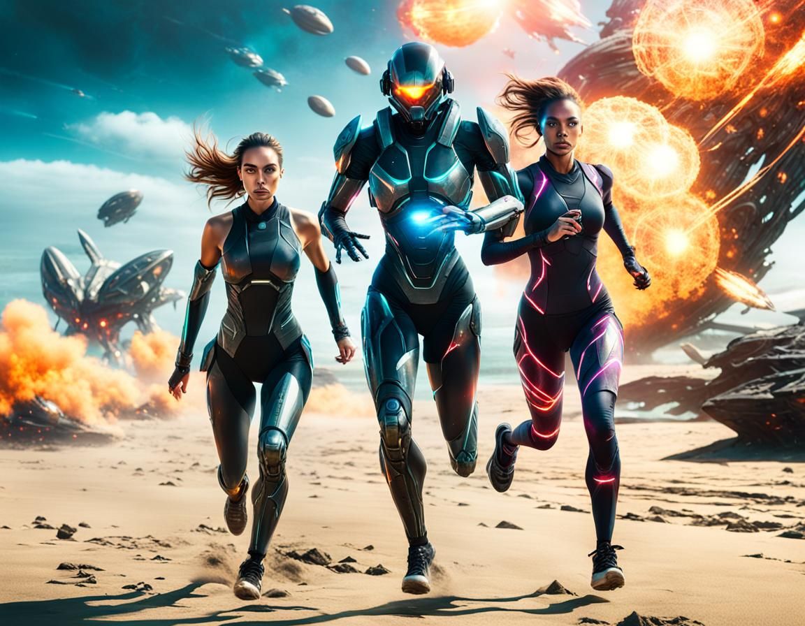 Android and Girl Running on Alien Beach in Sci-Fi Art