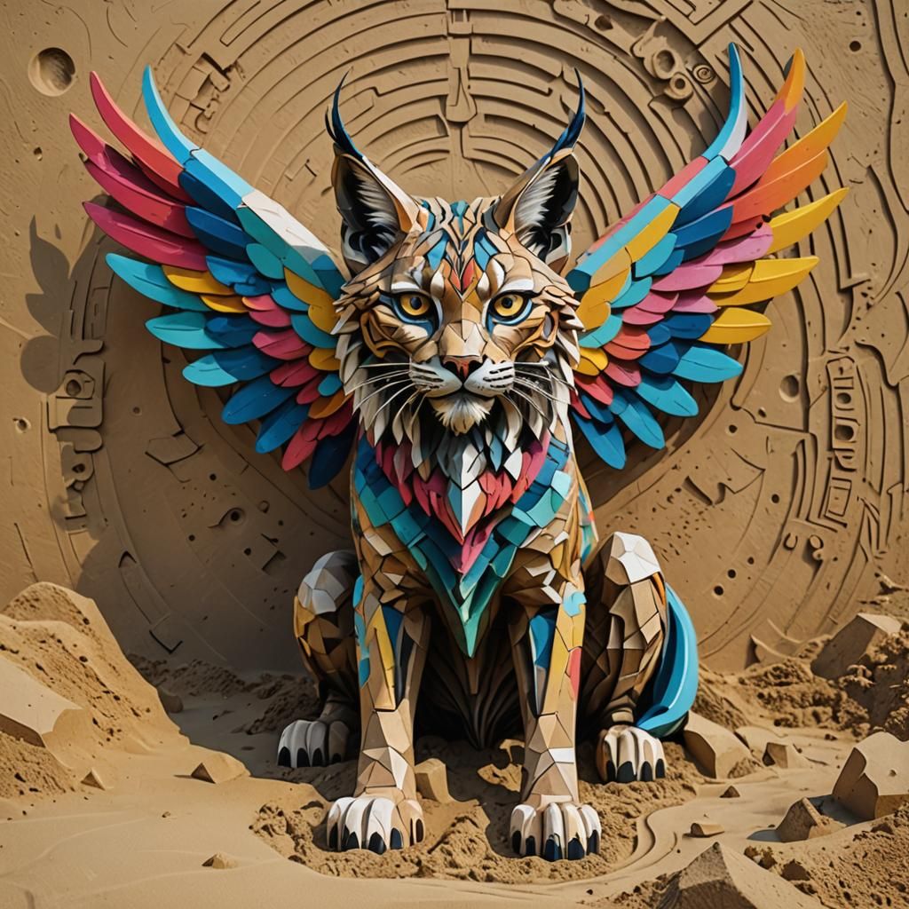 Geometric Lynx Sand Sculpture in Surrealist Style