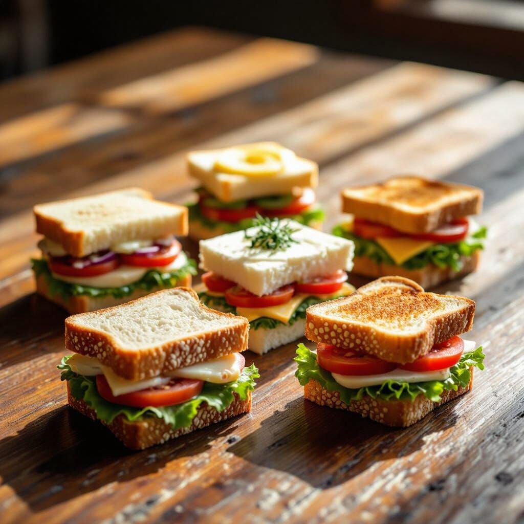 Assorted Mini Sandwiches on Rustic Wooden Table