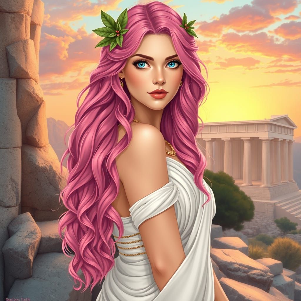 Goddess of Greek Mythology in Vibrant Pink Hair and Soft Pea...