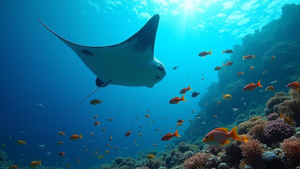 Lively Coral Reef with Manta Ray and Fish