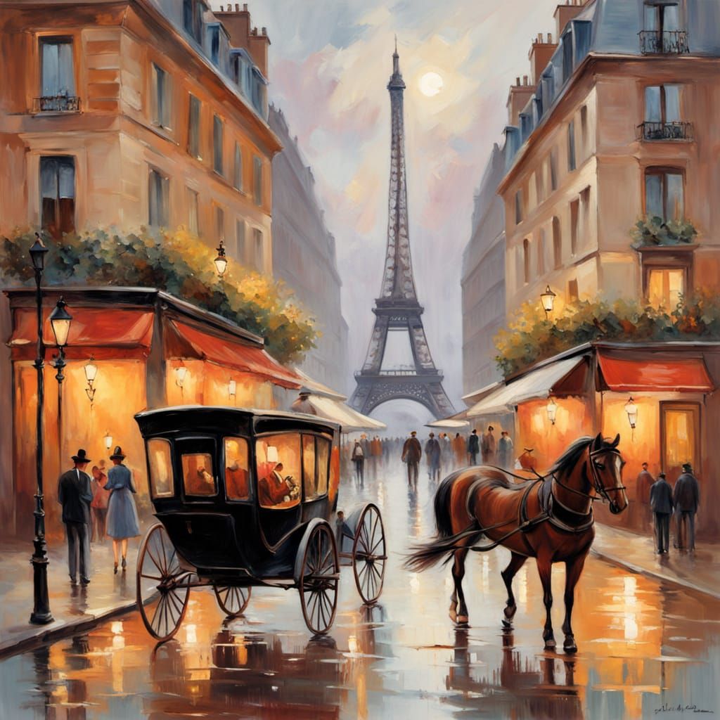 Impressionist Parisian Street Scene at Dusk