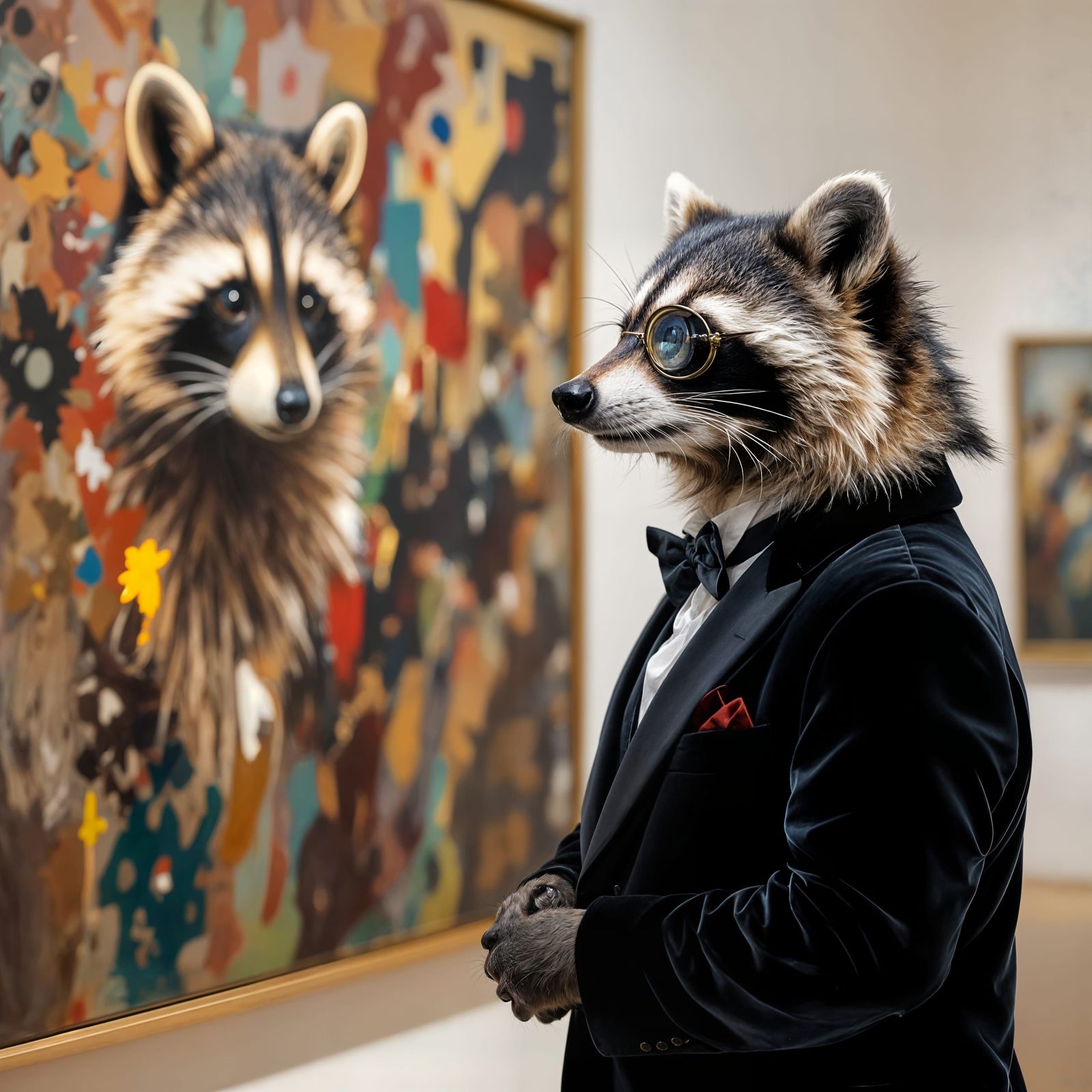 Raccoon Art Critic Observes Pollock Painting in Impressionis...