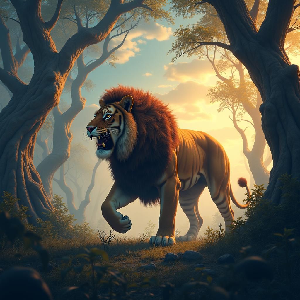 Majestic Liger in Mystical Forest, Digital Art