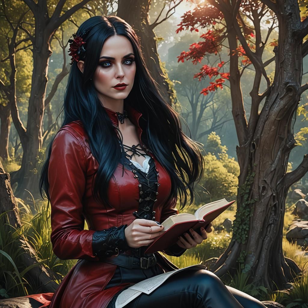 Gothic Girl Reading Book in Nature, Detailed Matte Painting