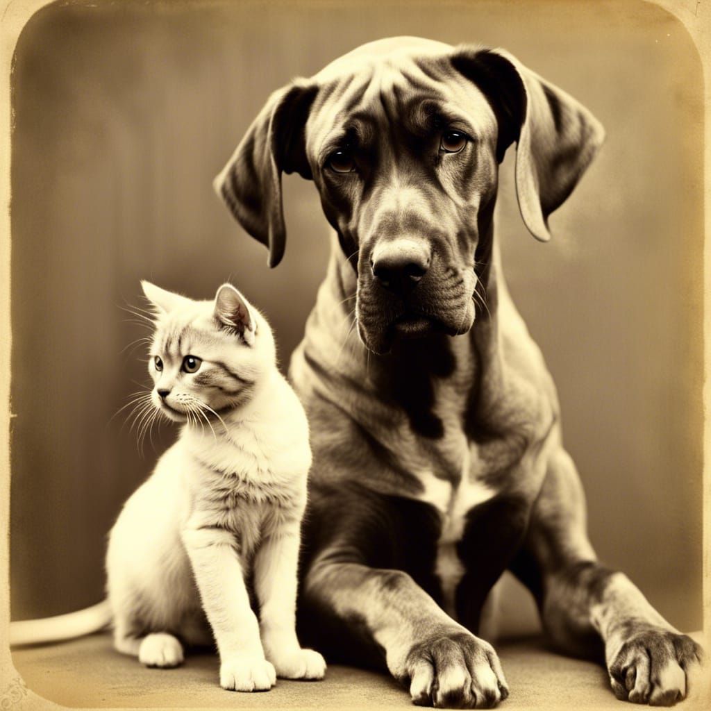 Great Dane and little persian kitten