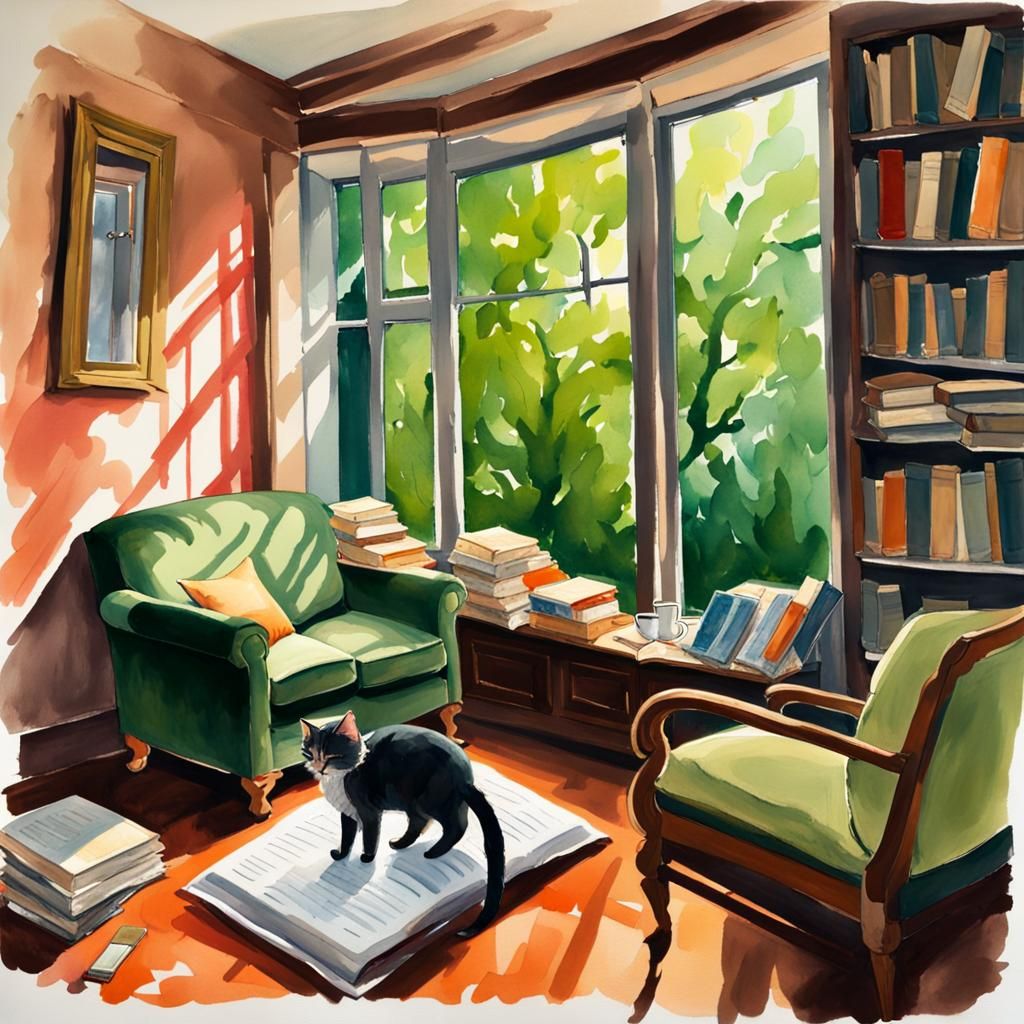 Sunlit Reading Room with Kitten in Gouache Style
