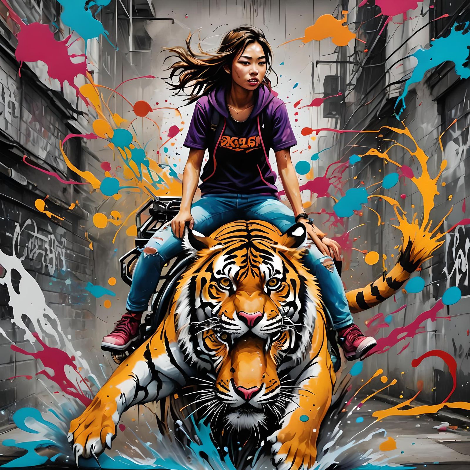Girl Riding Tiger Graffiti Art in Splash Style