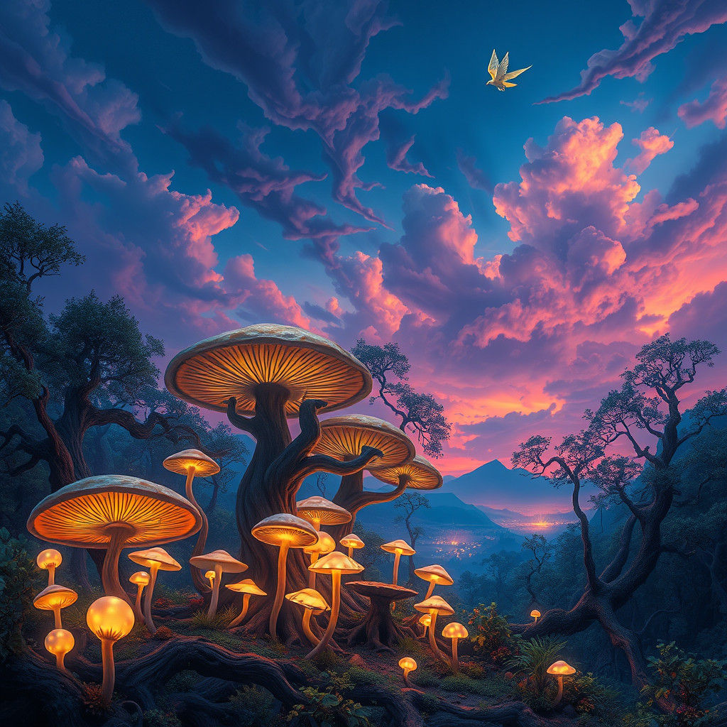 Ethereal Landscape with Luminescent Mushrooms and Winged Cre...