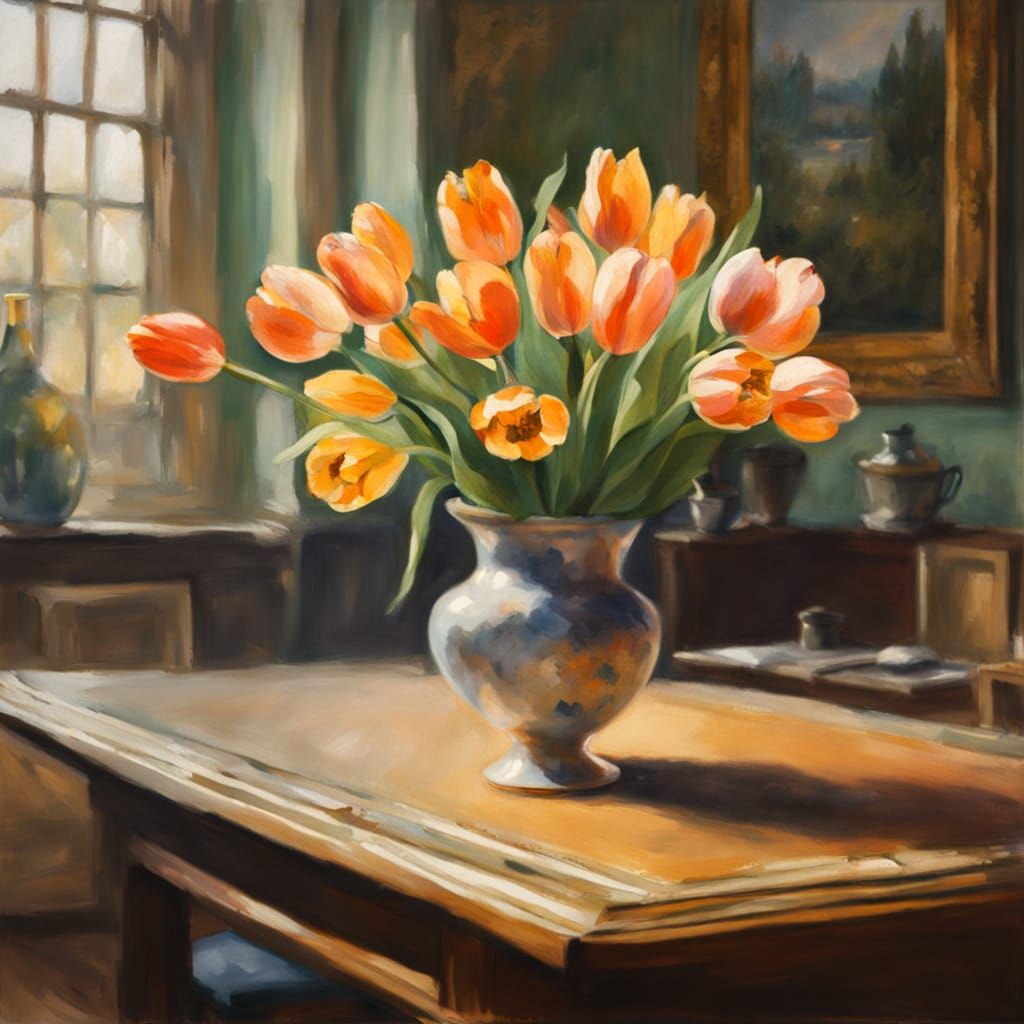 Impressionist Masterpiece of a Single Tulip in a Lush Garden