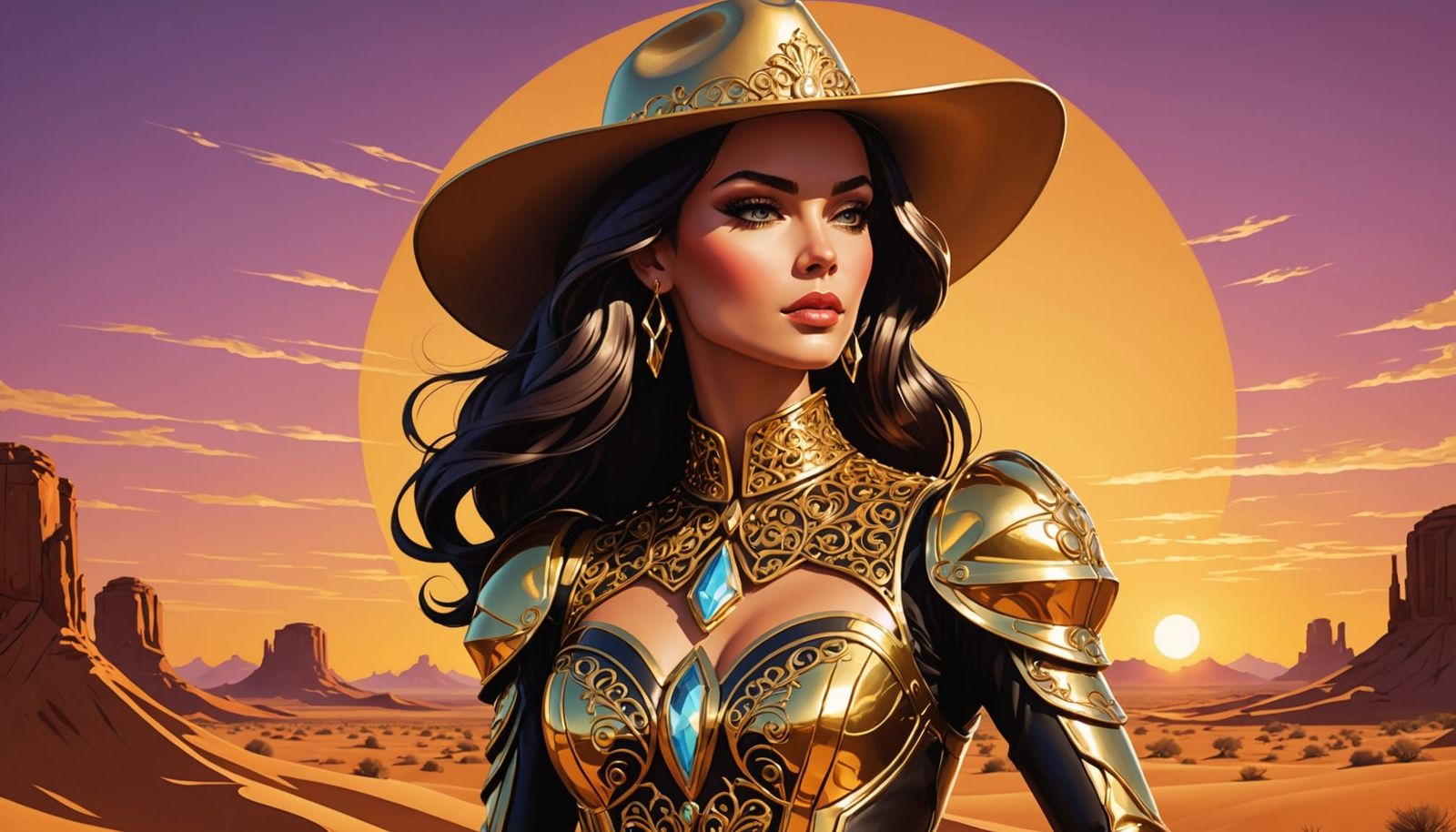 Android Cowgirl in Art Nouveau Sunset Silhouette