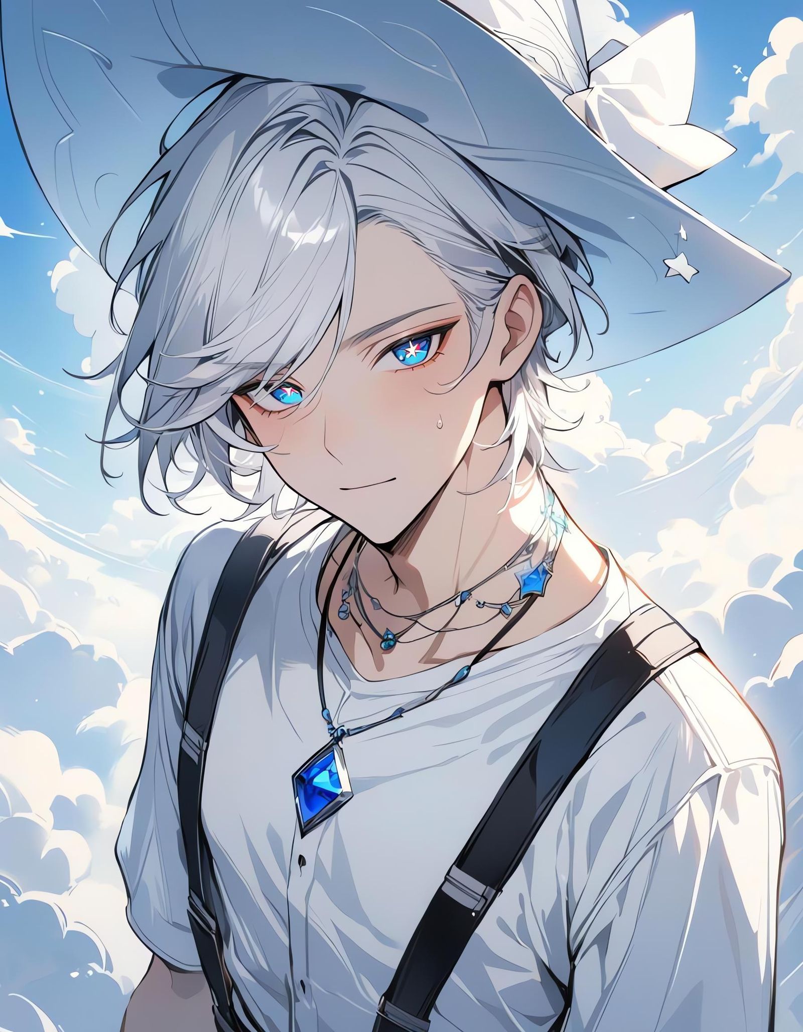 Young White-Haired Witch with Star Pupils Above Clouds