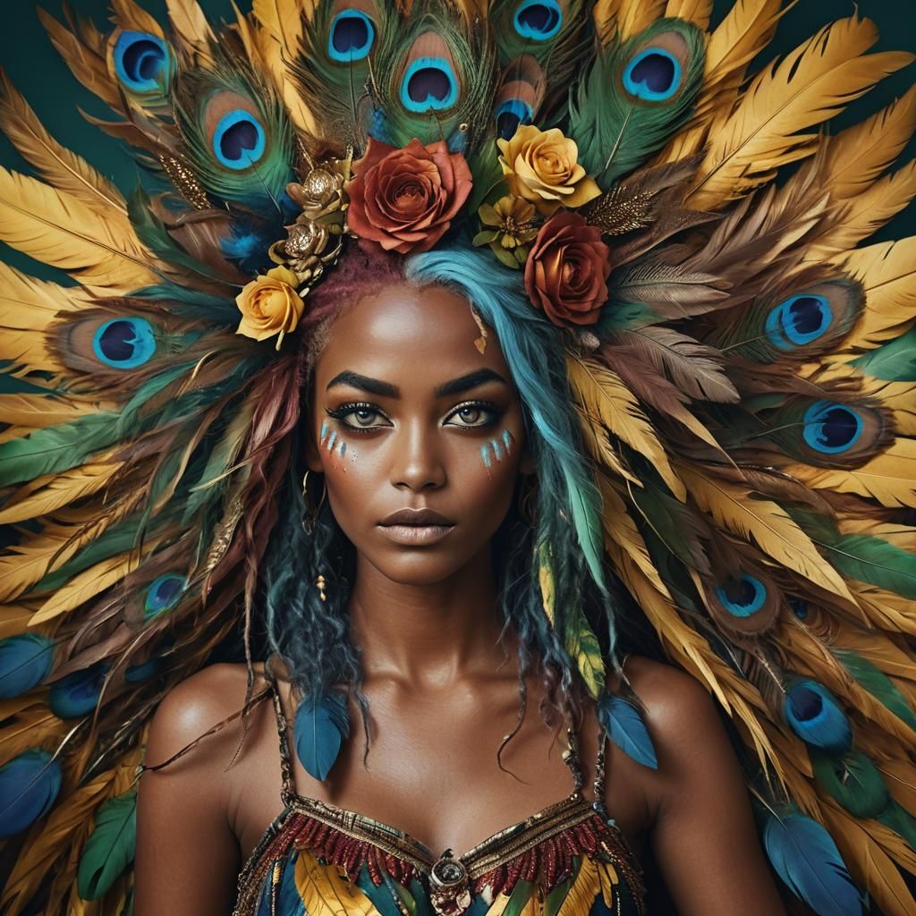 Rose Gold Woman with Colorful Feathers, Cinematic Portrait