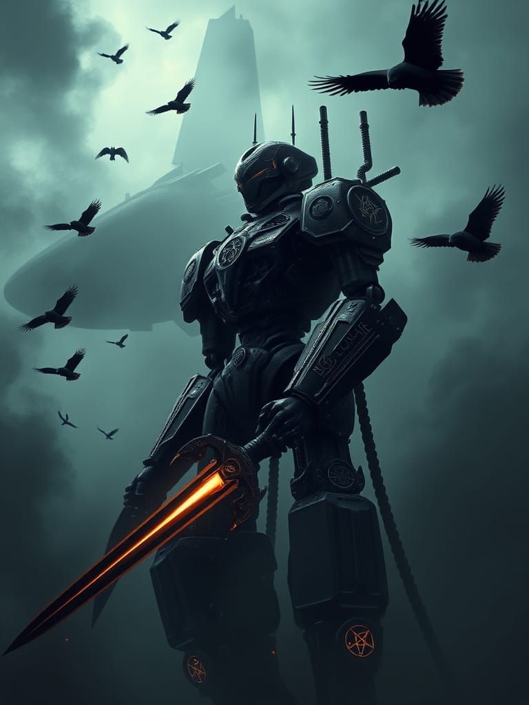 Gothic Robot Awakens Amidst Dark, Foreboding Landscape