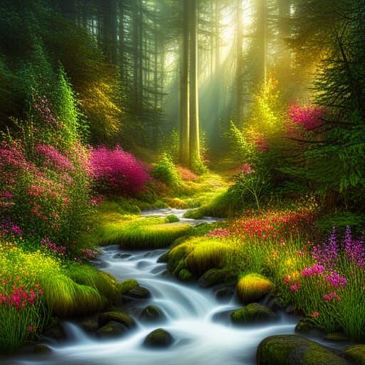 Lush Wildflower Forest with Sunlight, Digital Painting