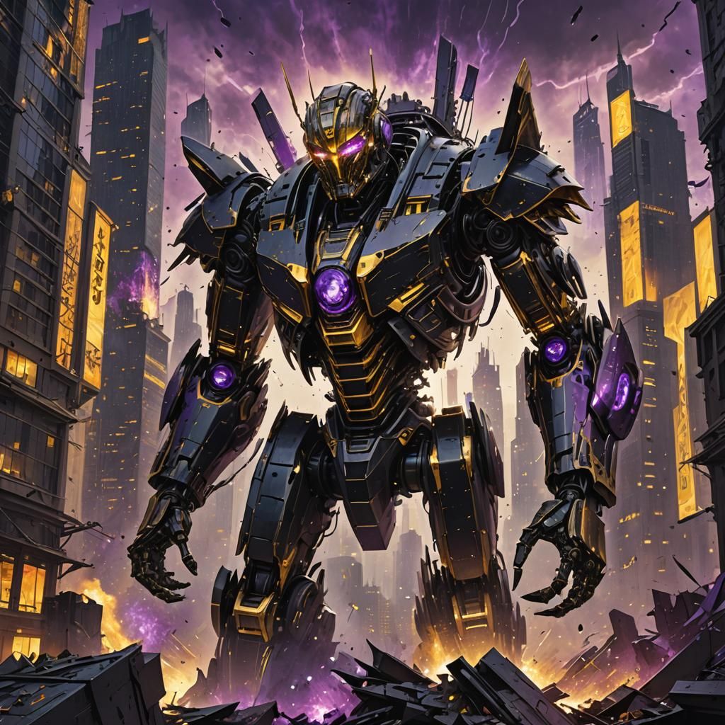 Enormous Robot Destroys Skyscrapers in Dark Fantasy Art