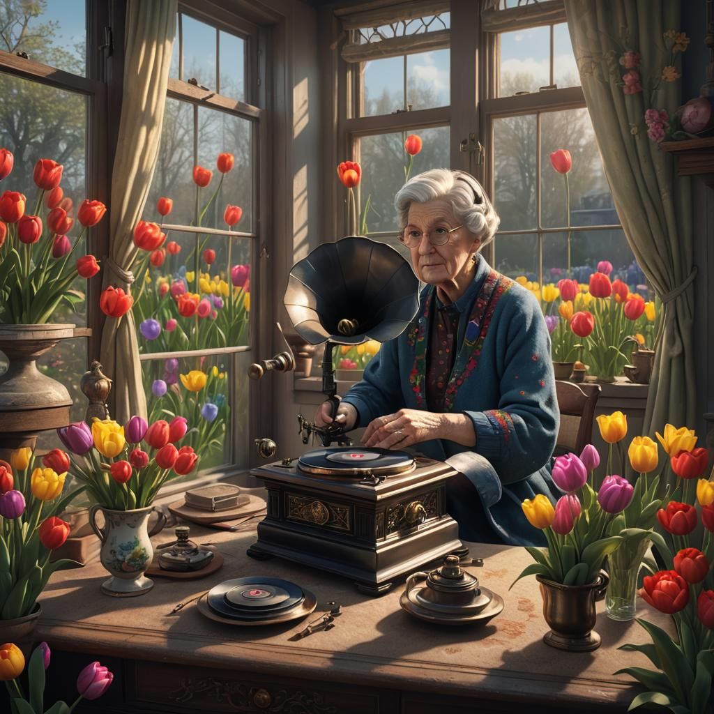 Granny Listens to Gramophone with Tulips, Detailed Matte Pai...