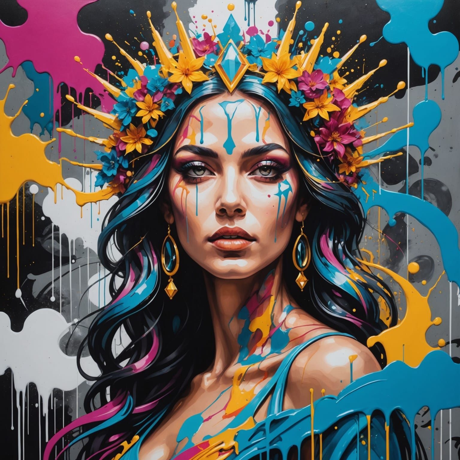 Ethereal Goddess Graffiti Art in Polychromatic Style