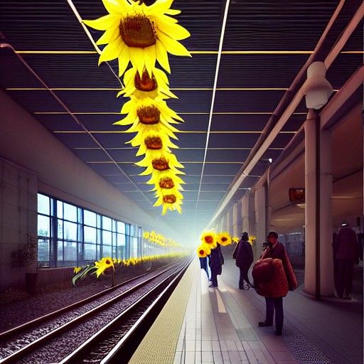 Sunflower-Themed Train Station in Surreal Style