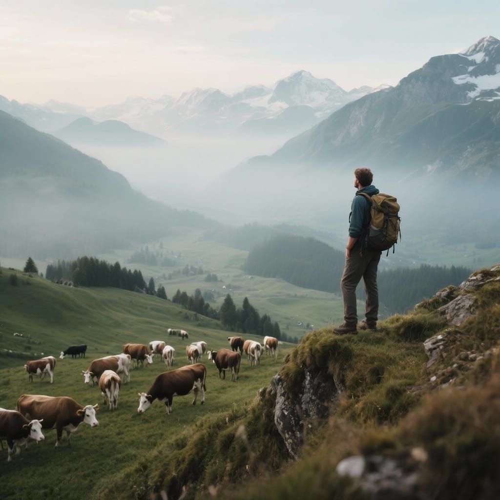 Misty Alpine Panorama with Grazing Cows