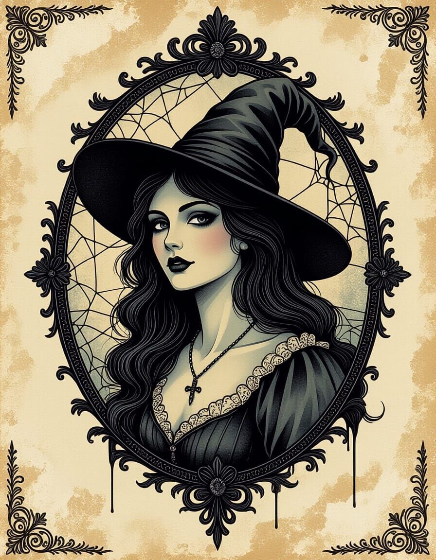 Vintage Halloween Witch Cameo with Cobwebs