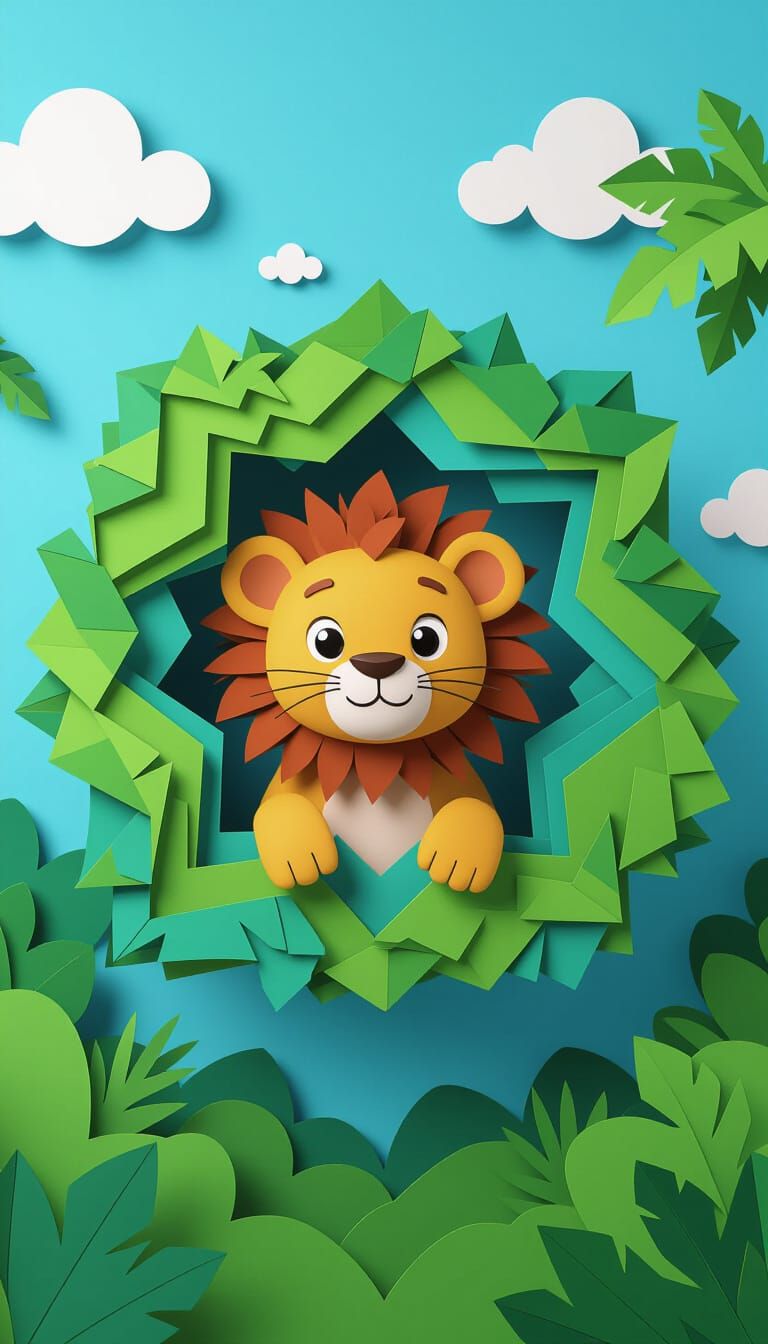 Lion in Folded Paper Jungle Scene, Detailed Digital Art