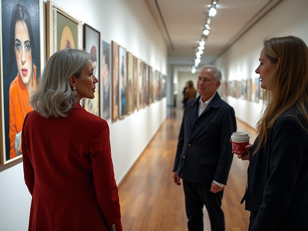 Refined Woman Curates Art Exhibit in Elegant Gallery Setting