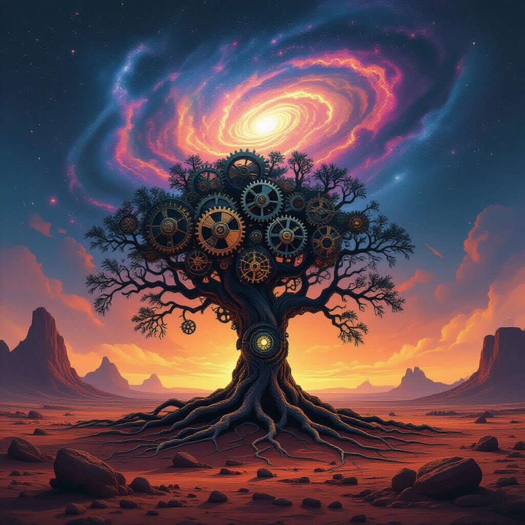 Alien Tree with Mechanical Roots Under Nebula Sky