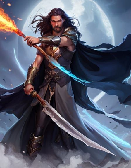 Fantasy Wizard Casting Fireball Spell in Detailed Digital Ar...