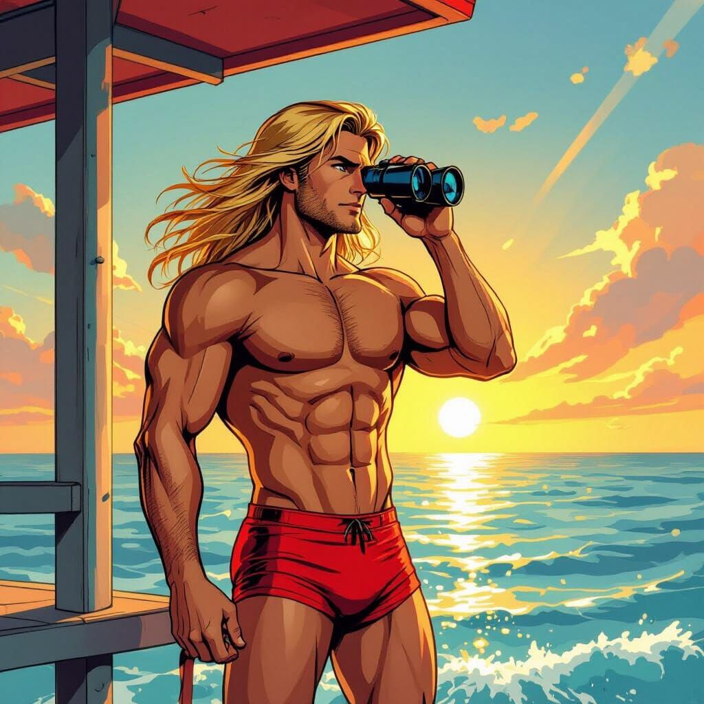 Comic Style Lifeguard on Tower with Binoculars