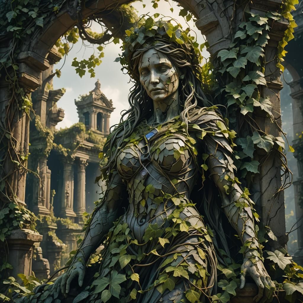 Vines Enshroud Crumbling Statue: Detailed Matte Painting