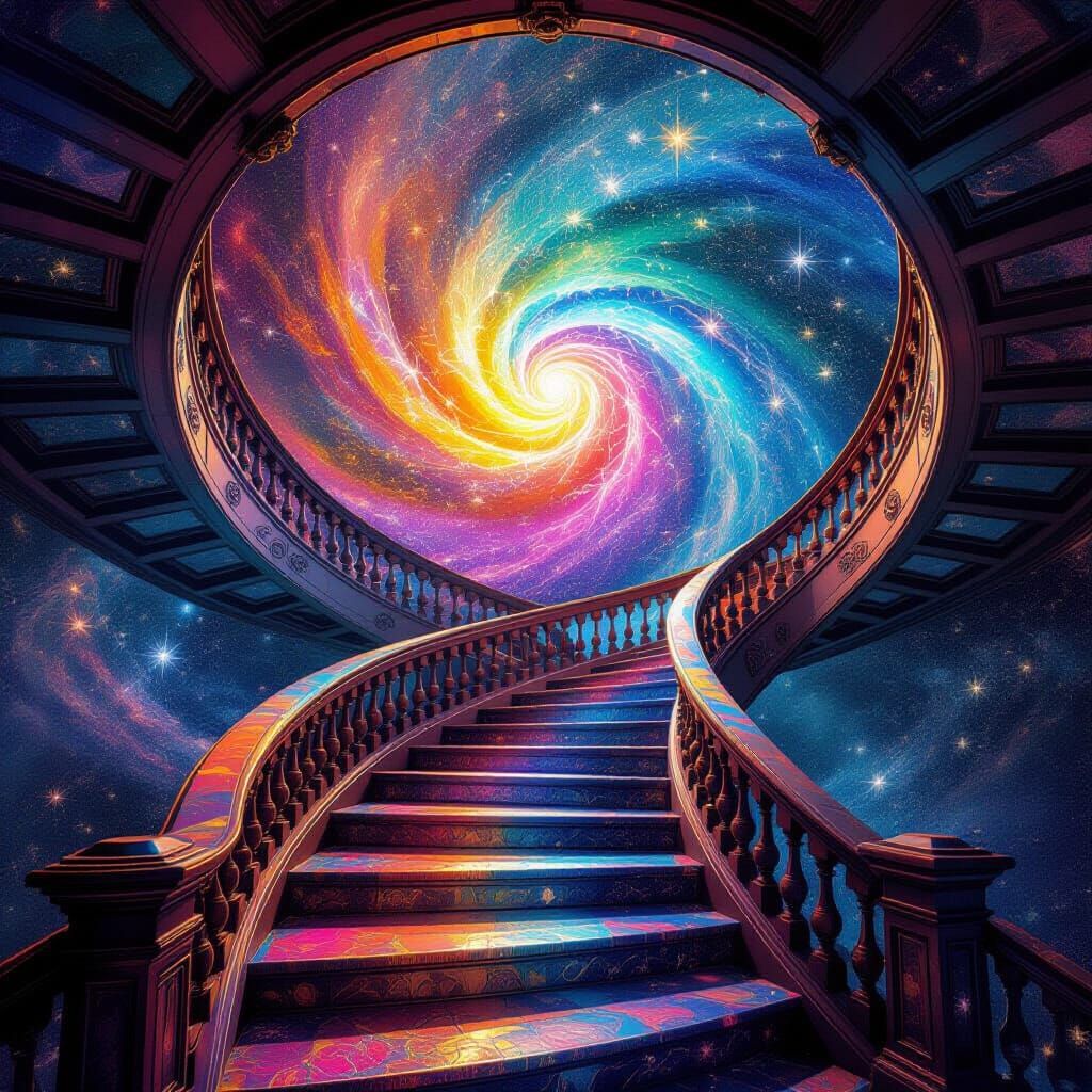 Cosmic Staircase to Galaxy, Holographic Astral Illustration