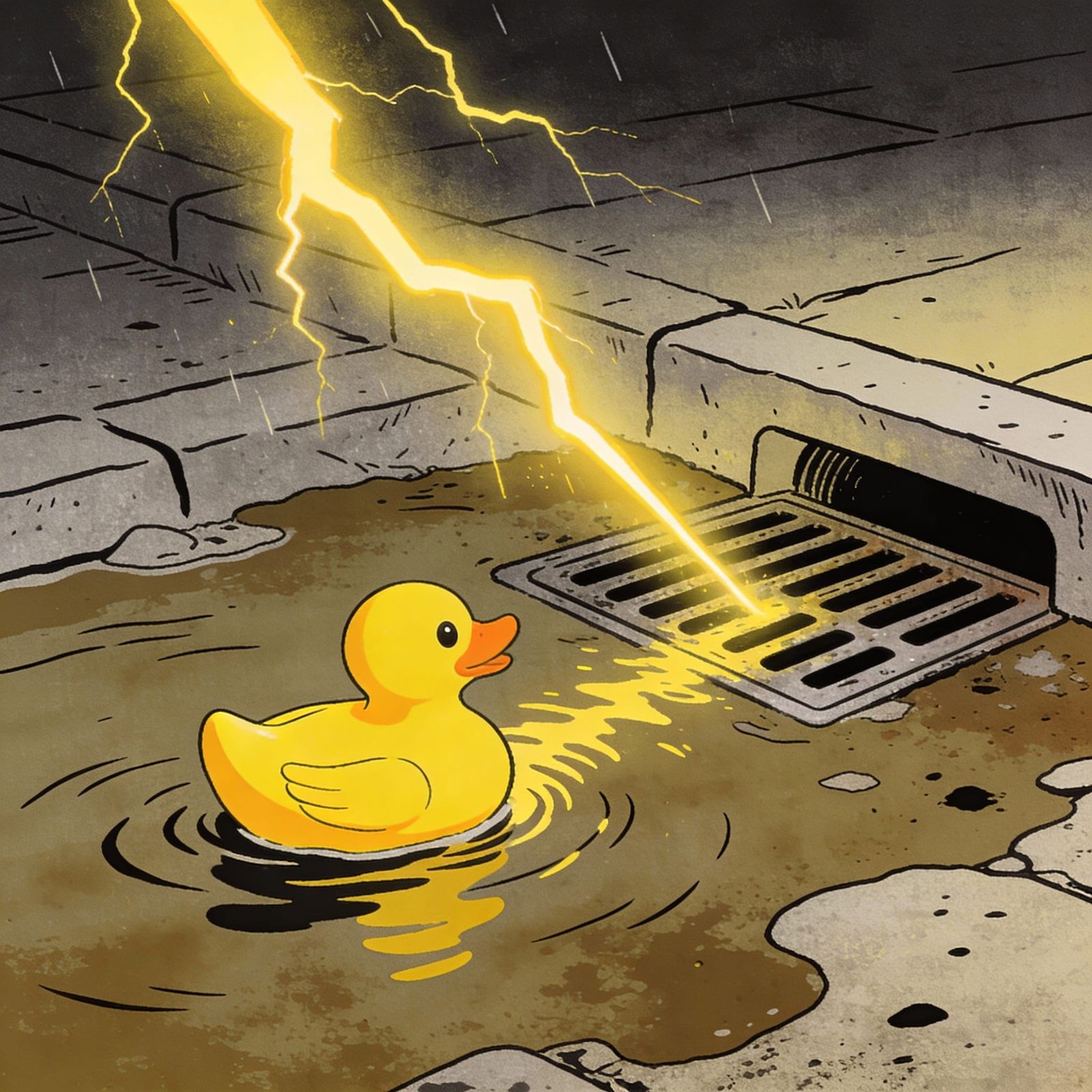 Yellow Duck Faces Grate in Lightning Strike Minimalist Art