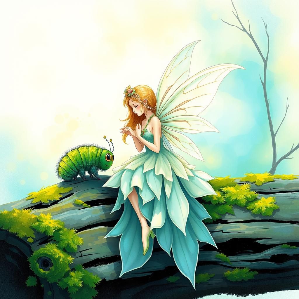 an abstract symbolism of a fuzzy caterpillar with a fairy si...