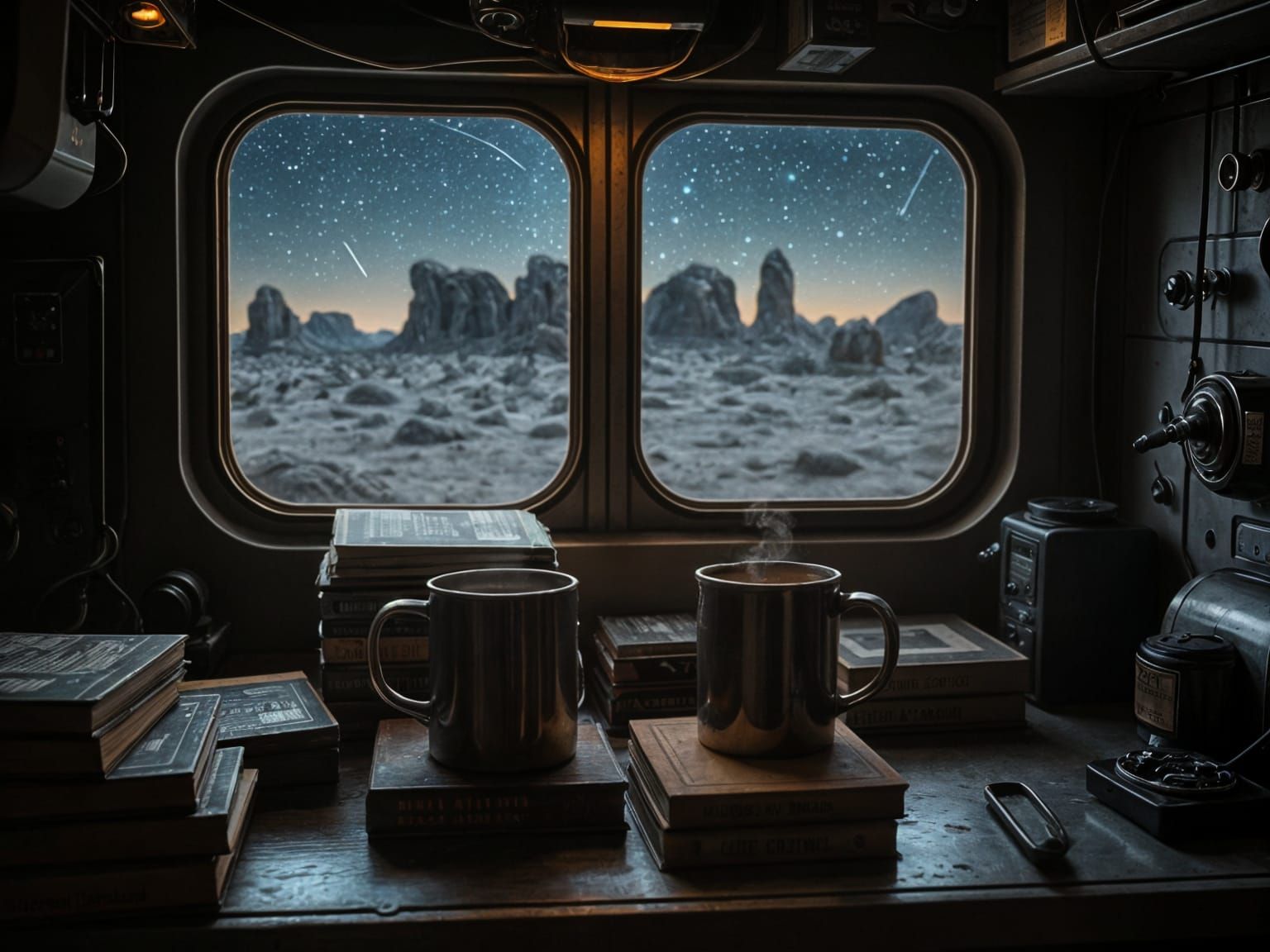 Cosmic Colony Kitchen in the Rocky Desert Night