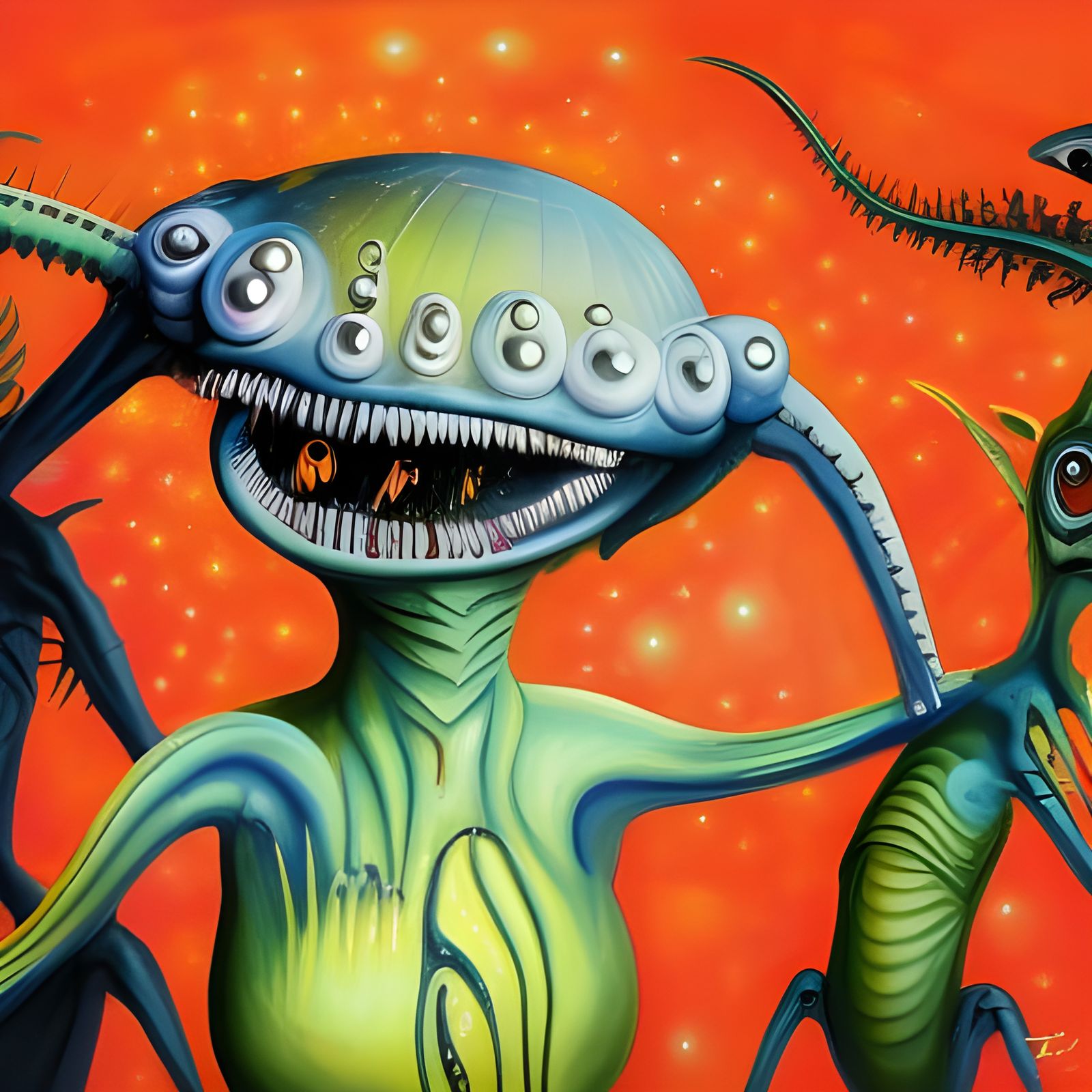 Cartoon Aliens in a Surreal Oil Painting