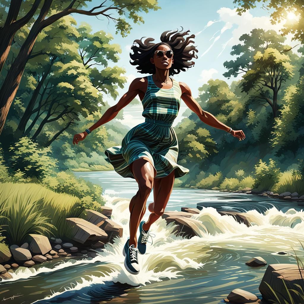 Athletic Woman Jumps River in Hyperrealistic Digital Art
