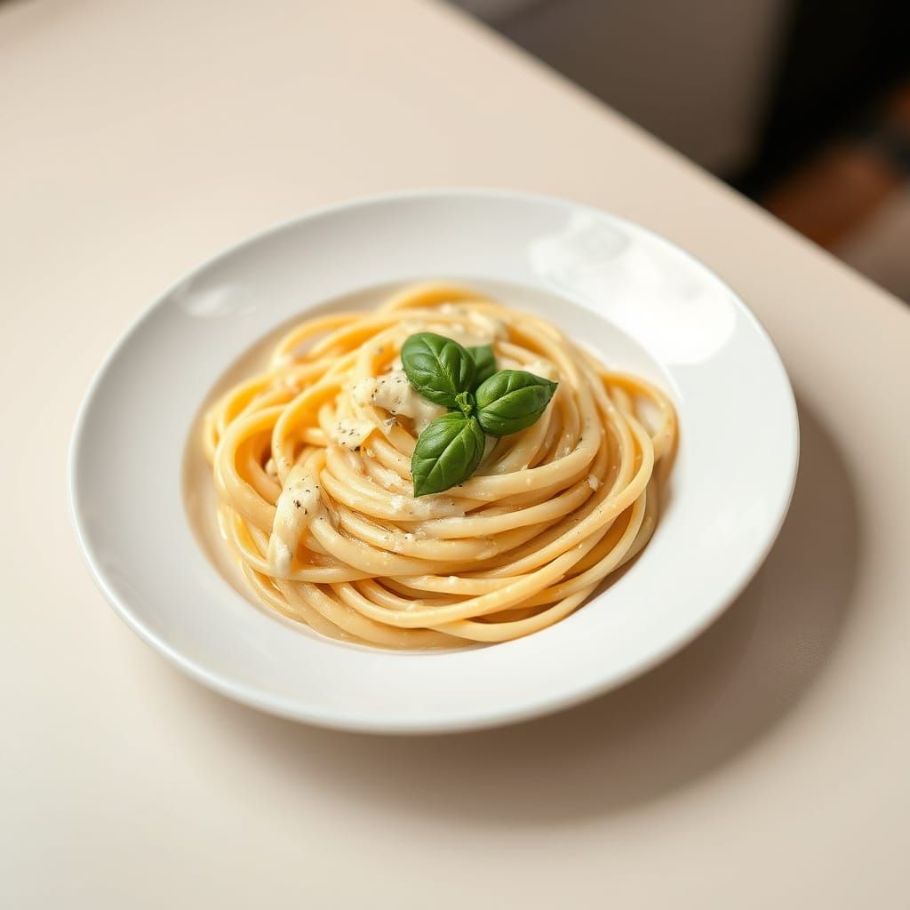 Appetizing Pasta in Cream Sauce on White Plate