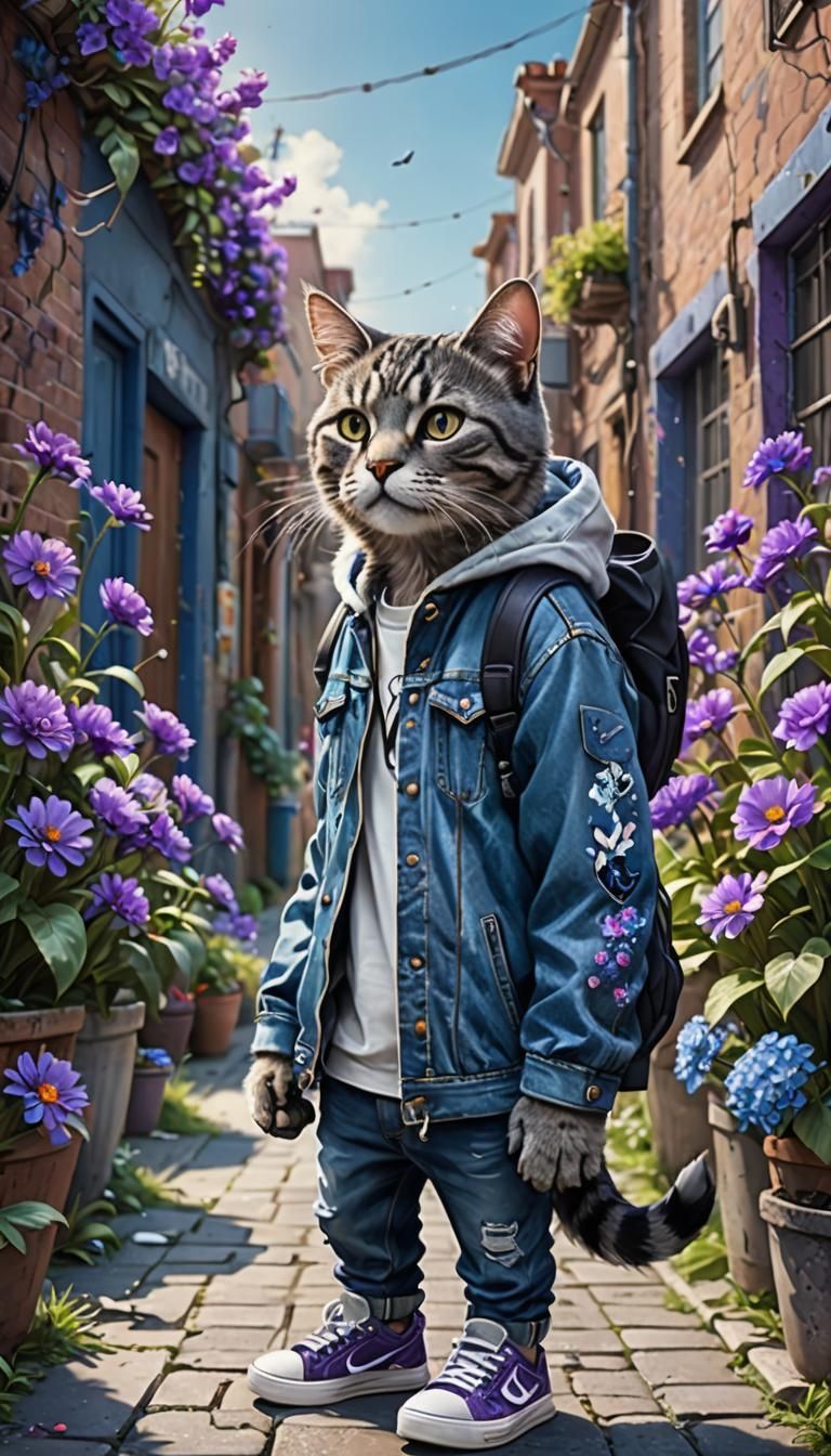Cat in Denim Jacket in a Fantastical Alley