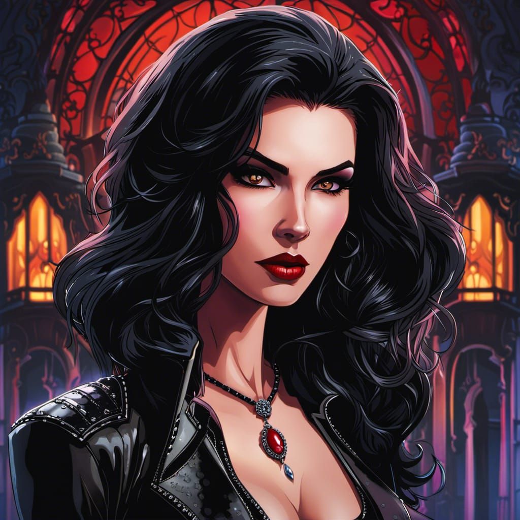 Beautiful Dark-Haired Vampire in Black Leather