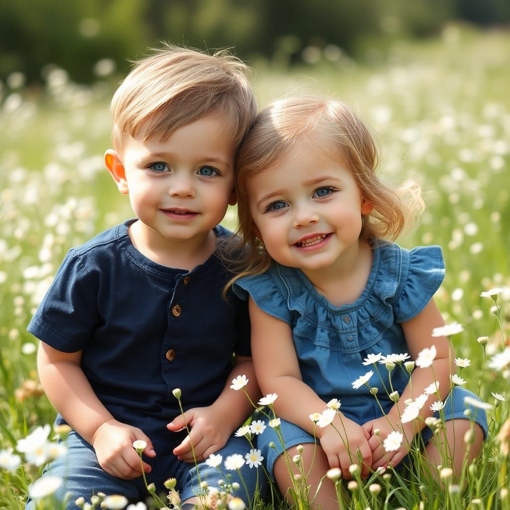 Toddler Siblings Among White Wildflowers