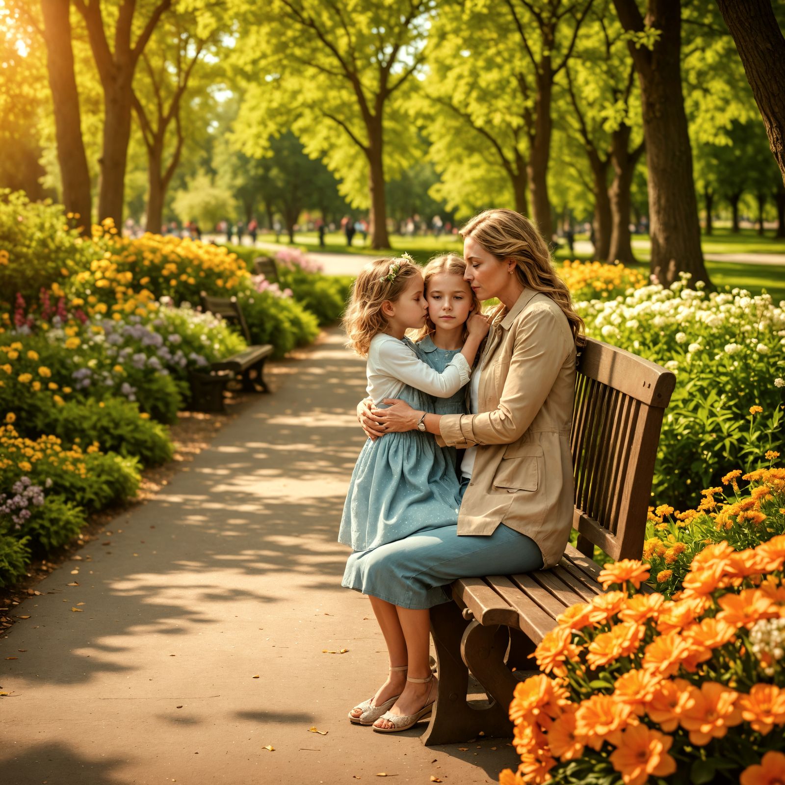 Mother and Daughter Amidst Vibrant Floral Park Scene